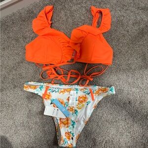 Neon Orange Ruffle Bikini Top with Floral Bottoms-Cupshe